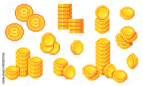 Pixel coins. Gold coin 8 bit retro arcade game art, medieval money cash stack golden treasure cartoon ui icons mobile finance app bank savings investment, neat vector illustration