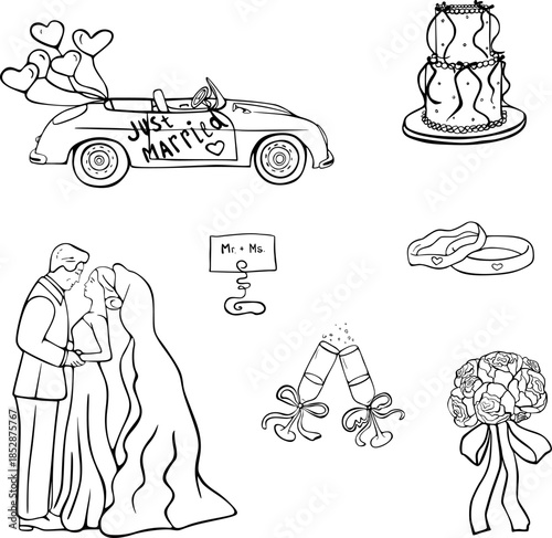 Wedding Couple Newlyweds and Car Line Art Set