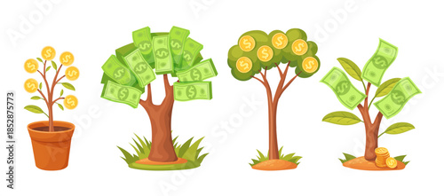 Cartoon money trees. Money tree with gold coins or dollar bill green paper currency, flower in pot investment concept money growth finance game ui icons, neat vector illustration