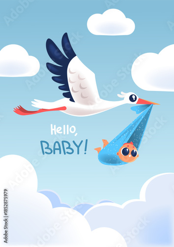 Stork with baby. Newborn birth baby shower congratulations card, infant birthday celebration bird carrying bag with new kid, born child announcement classy vector illustration