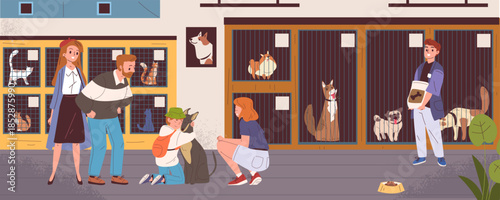 People in animal shelter. Volunteer care homeless pets, stray dog cat in cage family adopt puppy at kennel new owner charity help pet companion adoption, classy vector illustration