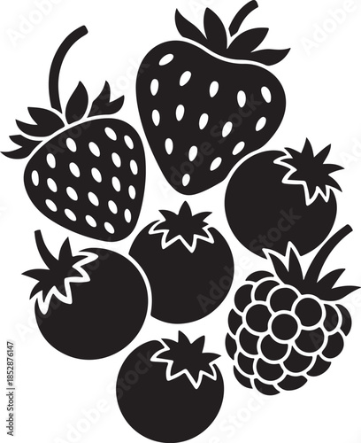 Mixed berry fruit silhouette vector illustration with strawberries raspberries tomatoes