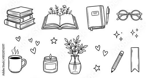 Books, Notebook, Coffee Cup, Candle, Glasses and Cozy Reading Elements Set