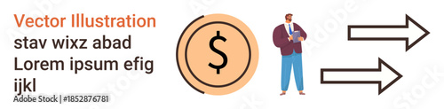 Business, finance, money transfer, investment, exchange, payment operations. A dollar coin symbol with a businessman beside it and arrows pointing to the right. Business and money transfer ideas