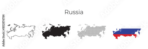 Russia map illustration set with outline, solid silhouette, dotted style, and flag design.