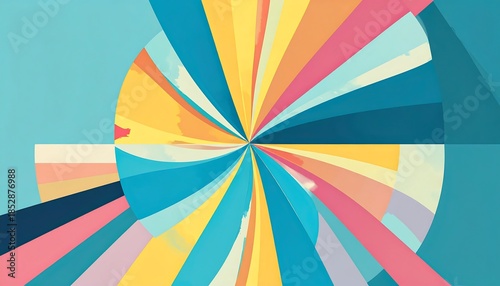 A sunburst pattern of teal, yellow, pink, and cream wedges against a blue background