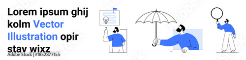 People interacting with speech bubbles, holding an umbrella, presenting an idea, playing with a balloon. Ideal for business, education, creativity, communication, fun collaboration simple landing