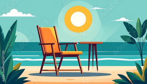 A sunny beach scene with a chair and table, set against a calm turquoise ocean and tropical vegetation