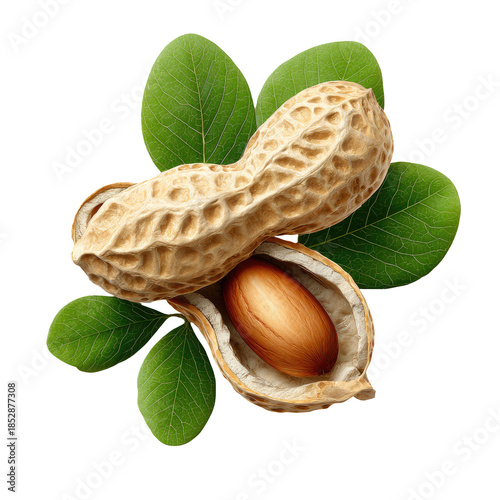 Digitally rendered image showcasing peanuts, pods, leaves, and a cut-open nut