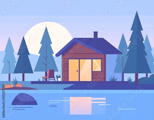 A serene lakeside cabin scene with tall pine trees and a setting sun in a flat, minimalist vector style