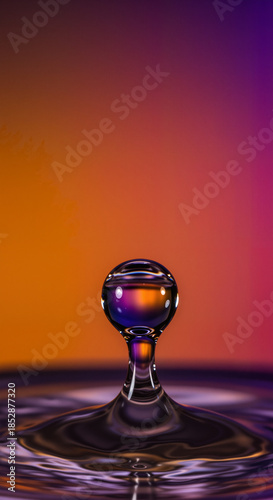 Water droplet splashing on surface with colorful gradient background  