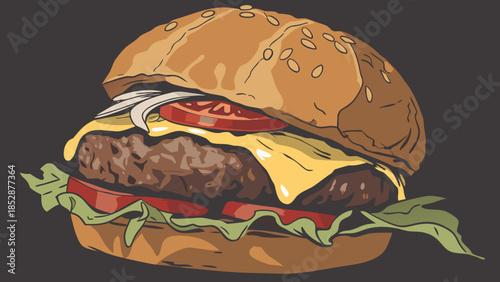 Isolated cheeseburger fast food meal with beef, cheese, lettuce, and tomato on a sesame bun on a white background