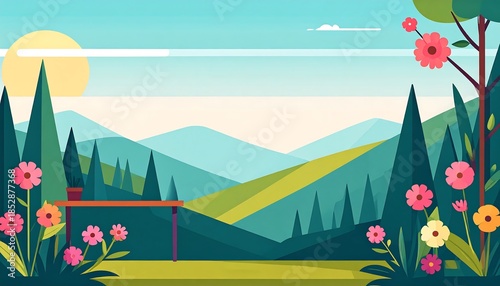 A sunny cartoon landscape with mountains, trees, flowers, and a table. Peaceful and serene nature view