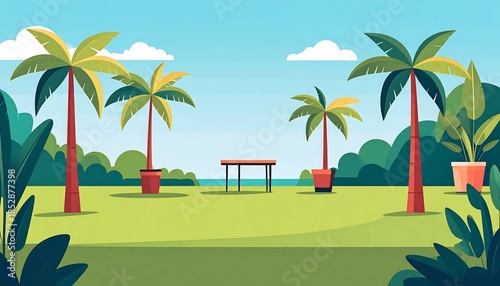 A sunny, cartoon landscape with palm trees and a bench, offering a peaceful scene