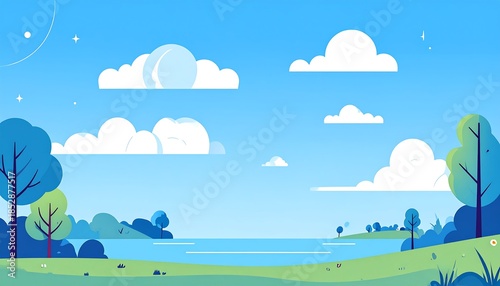 A sunny landscape featuring a lake, trees, and stylized clouds against a light blue sky, in a cartoonish style