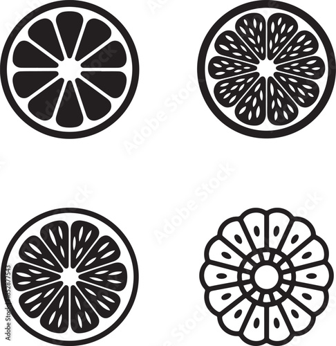 Decorative citrus fruit slice silhouette vector icon set with floral style design