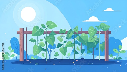 A sunny, stylized garden illustration with plants climbing a wooden structure against a bright blue sky backdrop