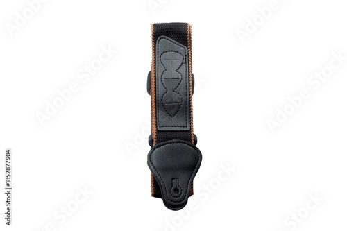 Black fabric strap for electric or acoustic guitar.