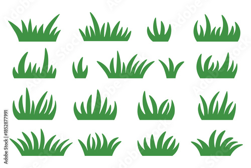 Green grass, lawn, and meadow in doodle style. Grass silhouette for parks, gardens, and landscapes. Collection of grass clip art. Isolated vector illustration.