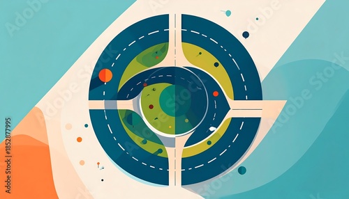 Abstract aerial view of a circular road system, featuring bright colors and minimalist design