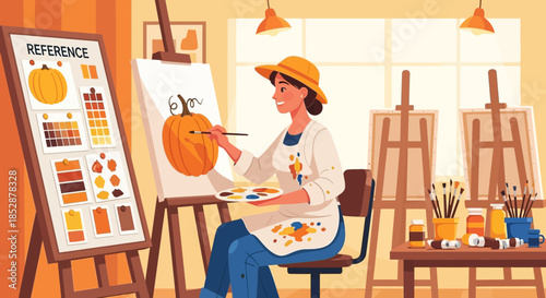 Woman Painting on Canvas in Studio.