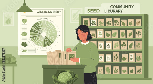 Woman Standing Near Seed Library Shelves.