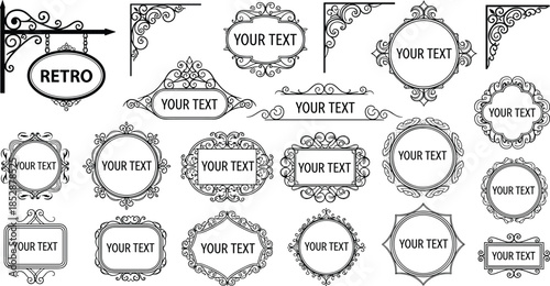 Vintage decorative frames, ornate corner embellishments, retro signboard design, floral scroll patterns, filigree vector art, invitation border illustration, classic label icons