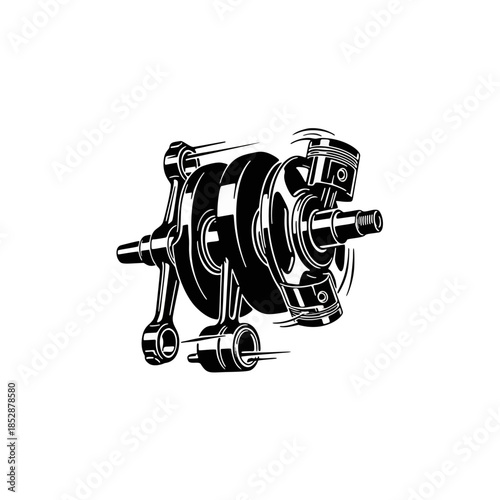Dynamic monochrome illustration capturing the intricate rotation of an internal combustion engine's crankshaft, pistons, and connecting rods, representing mechanical power and precision engineering