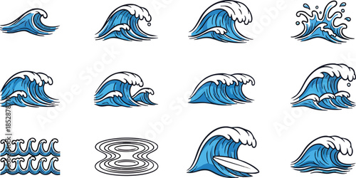Dynamic Ocean Waves and Surfing Elements Vector Set.