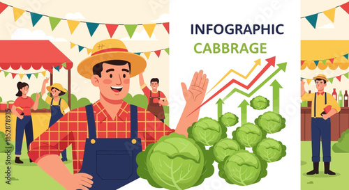 Farmer Standing with Cabbage and Graph.