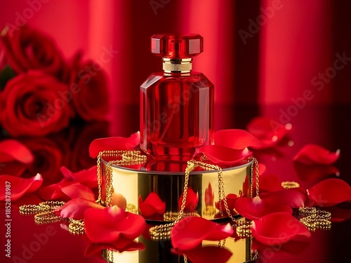 Luxurious perfume bottle surrounded by rose petals and gold jewelry on red background