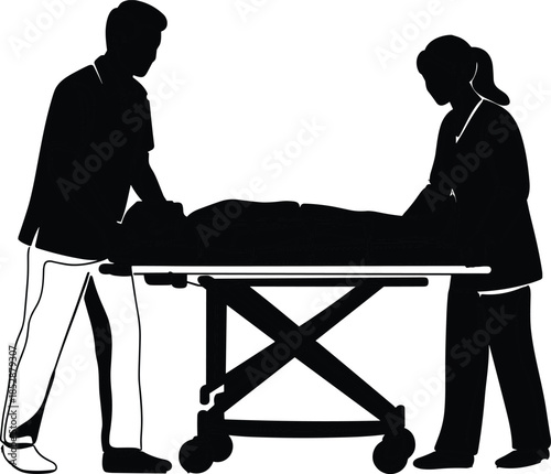 Medical stretcher silhouette, hospital emergency, patient transport, healthcare workers, doctor nurse teamwork, ambulance gurney, clinical care, emergency medicine, hospital staff, treatment