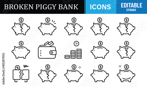 Budget failure and finance outline icon pack