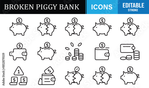 Money crisis and broken piggy bank symbol collection