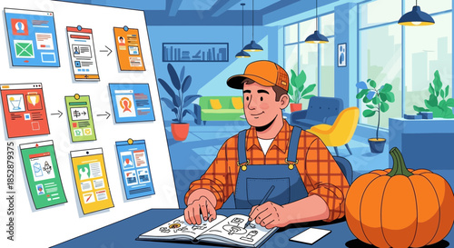 Man Working on Project with Pumpkins Nearby.