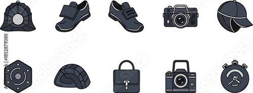 Collection of various black leather and fabric bags and shoes