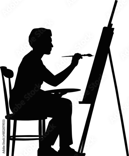 Artist Silhouette Painting on Canvas Easel with Brush and Palette for Creative Studio Fine Art Education Hobby and Workmanship Illustration