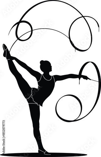 Rhythmic gymnast silhouette, ribbon performance, artistic gymnastics pose, elegant balance, flexibility sport, dance movement, leotard figure, graceful athletic expression