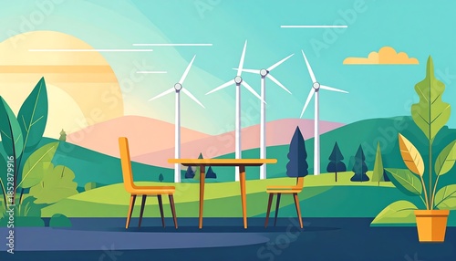 A serene vector landscape scene with a table and chairs overlooking wind turbines, hills, and a setting sun