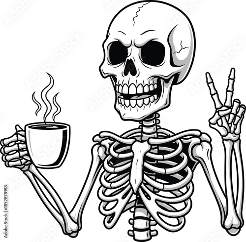 Skeleton drinking coffee, peace sign art, humorous bone illustration, black and white drawing, gothic cartoon design, spooky lifestyle concept
