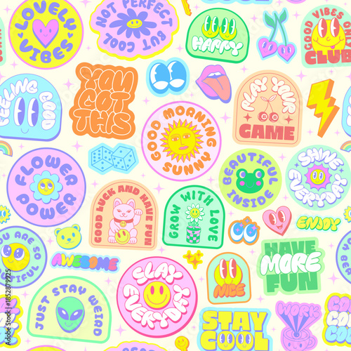 Cool Cartoon Funny Stickers Collage Seamless Pattern Vector Design. Trendy Pop Art Comic Patches Illustration. Groovy Playful Badges. 