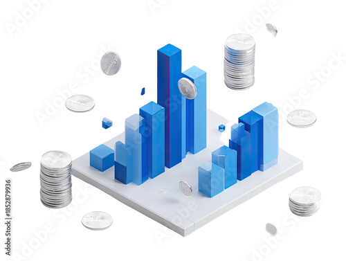 Isometric illustration features a digital design with blue bars and silver coin elements