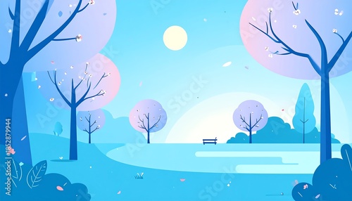 A serene vector park illustration featuring stylized trees with blossoms under a soft blue sky with a bright sun