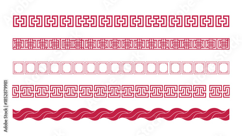 Chinese Style Border Line Collection with Traditional Decorative Patterns. Classic Chinese Frame Elements, Geometric Ornament Lines, and Red Maze Style Motifs for Packaging Design.