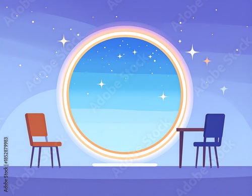 A serene view of a star-filled sky seen through a circular portal, with two chairs and a table in a muted setting