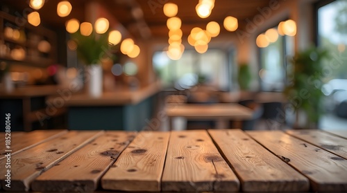Empty rustic wooden table top surface with blurred warm golden bokeh lights background in a modern cafe or bar interior, ideal for product display.