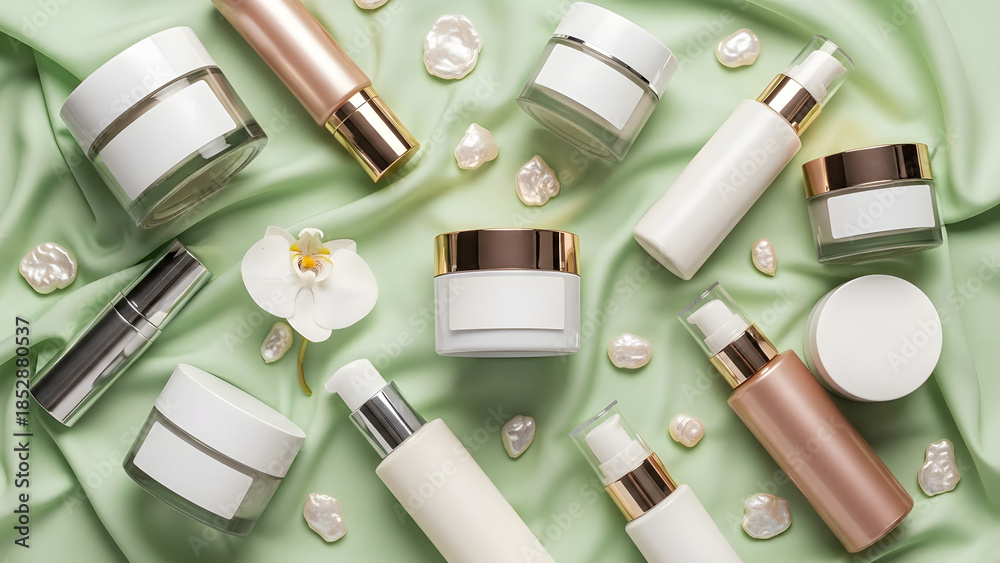 Obraz premium Curated collection of luxury skincare and beauty essentials gracefully arranged on a soft green fabric