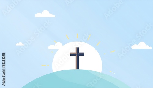 A simple cartoon depiction of a cross silhouetted against a sunrise, with soft colors and puffy clouds