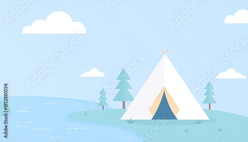 A simple cartoon landscape with tent, trees, river and clouds, set against a light blue sky background