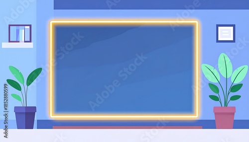 A simple, cartoon room with a blue wall, a glowing rectangle, plants, and decorations. Minimalist style
